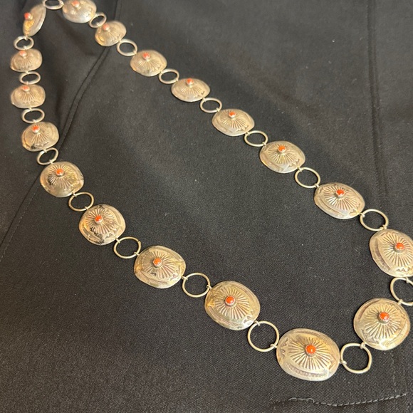 Vintage Navajo Sterling Silver Concho Belt Accessories - Vintage Sterling Silver Coral Stone Concho Belt .